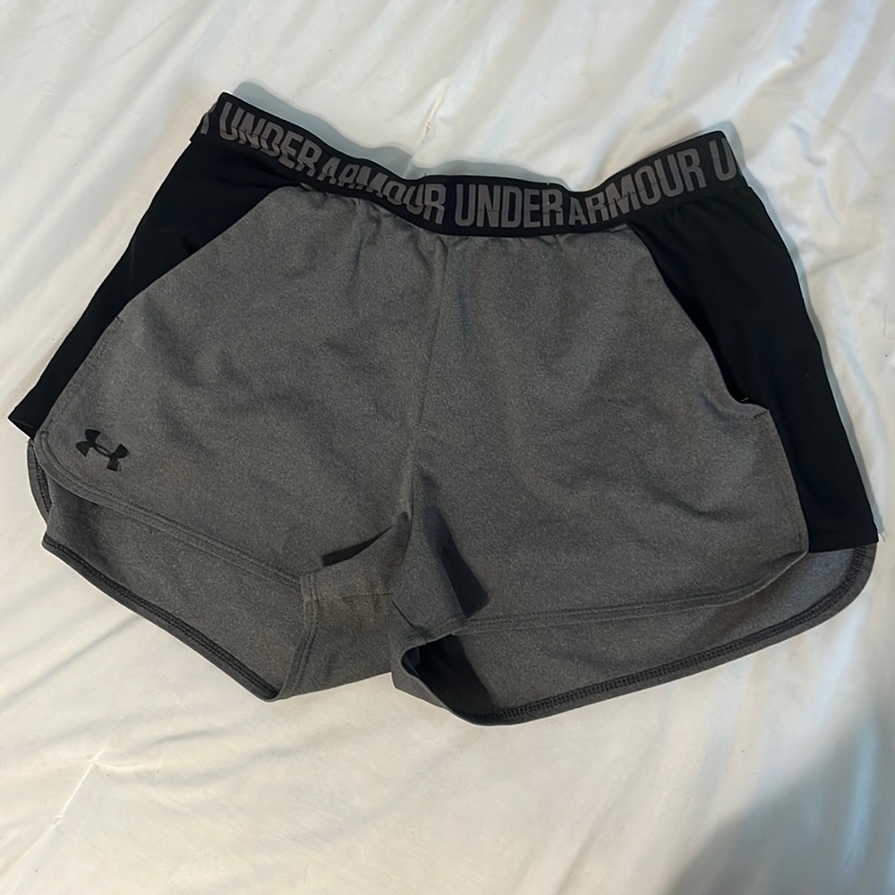 Grey and Black Under Armor athletic shorts; size L